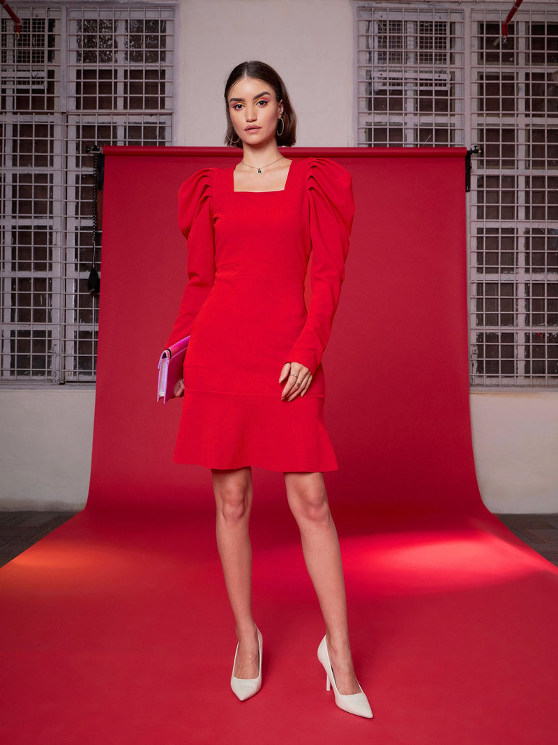 Women Red Puff Sleeves Frill Hem Bodycon Dress