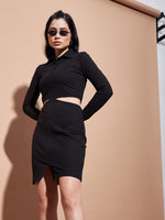 Women Black Side Cut-Out Collar Bodycon Rib Dress