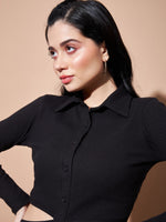 Women Black Side Cut-Out Collar Bodycon Rib Dress