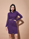Women Purple Side Cut-Out Collar Bodycon Rib Dress