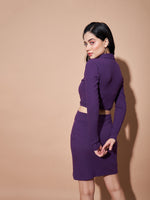 Women Purple Side Cut-Out Collar Bodycon Rib Dress