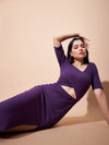 Women Purple Side Slit V-Neck Rib Maxi Dress