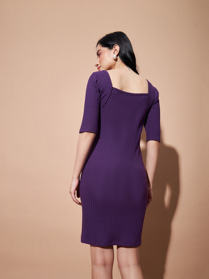 Women Purple Rib Square Neck Short Dress