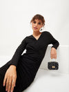 Women Black Knitted Ruched Midi Dress