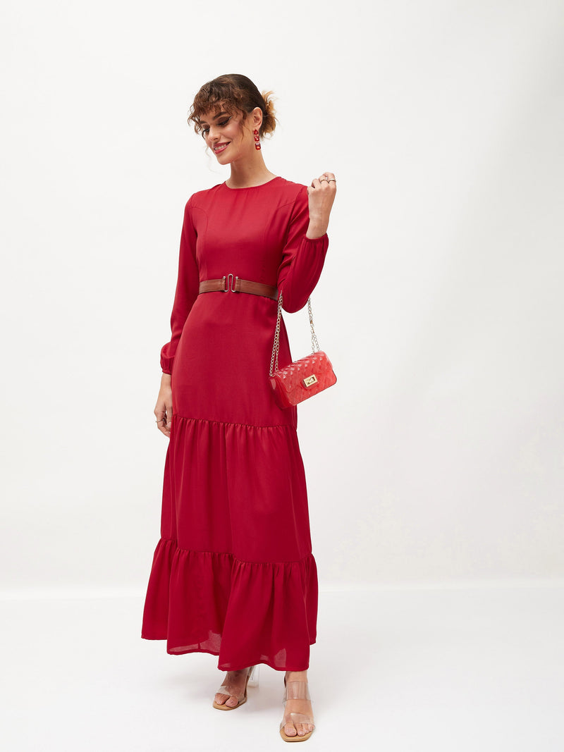 Women Maroon Belted Tiered Maxi Dress