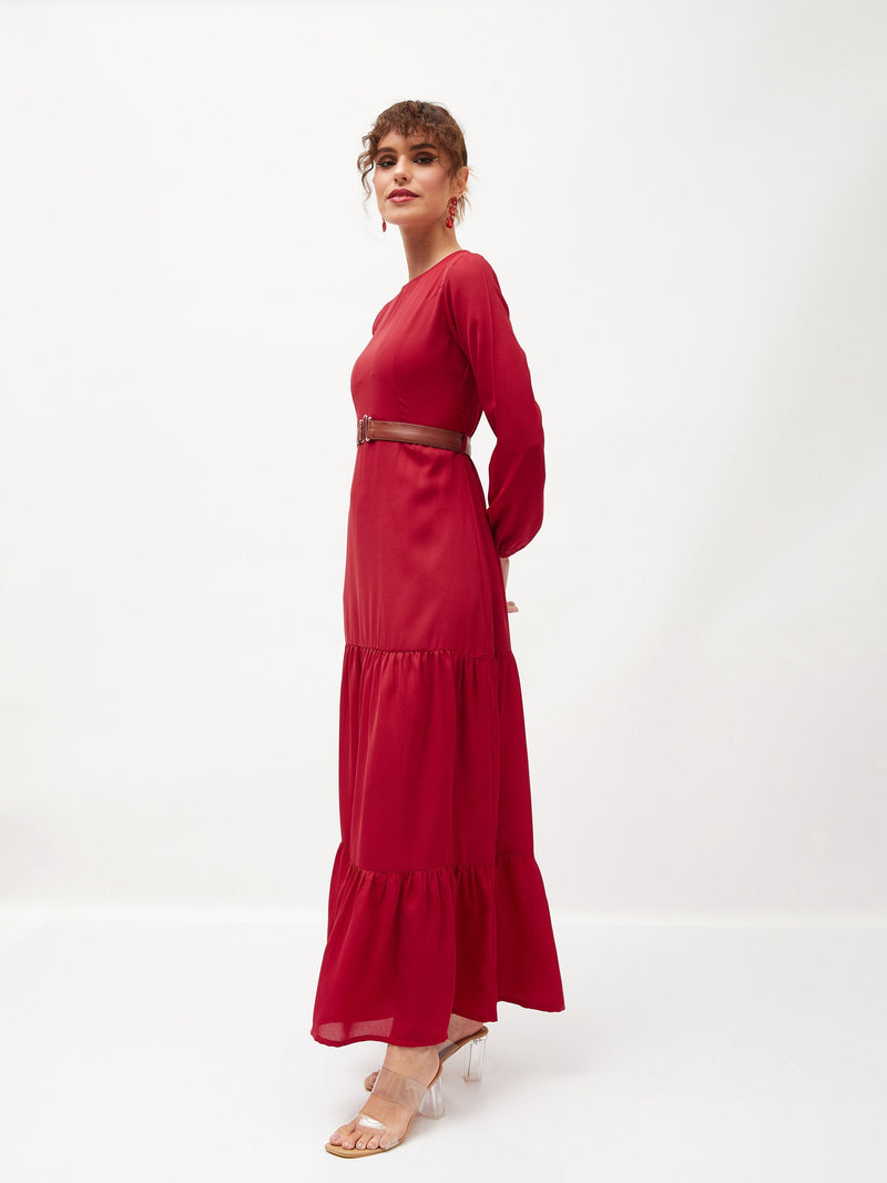 Women Maroon Belted Tiered Maxi Dress