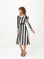 Women Black & White Striped Belted Shirt Dress