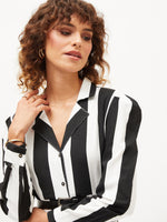 Women Black & White Striped Belted Shirt Dress