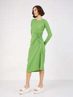 Women Green Rib Side Ruched Bodycon Midi Dress