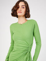 Women Green Rib Side Ruched Bodycon Midi Dress