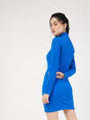 Women Royal Blue Rib High Neck Front Button Mini Dress