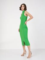 Women Green Rib Turtle Neck Sleeveless Midi Dress
