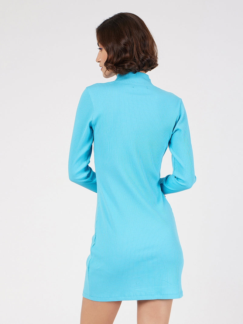 Women Turquoise Rib Turtle Neck Short Dress