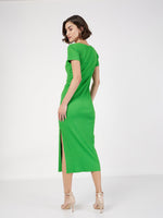 Women Green Rib V-Neck Midi Dress