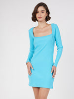 Women Turquoise Rib Square Neck Short Dress