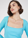 Women Turquoise Rib Square Neck Short Dress