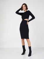 Women Black Rib Side Cut-Out Midi Dress
