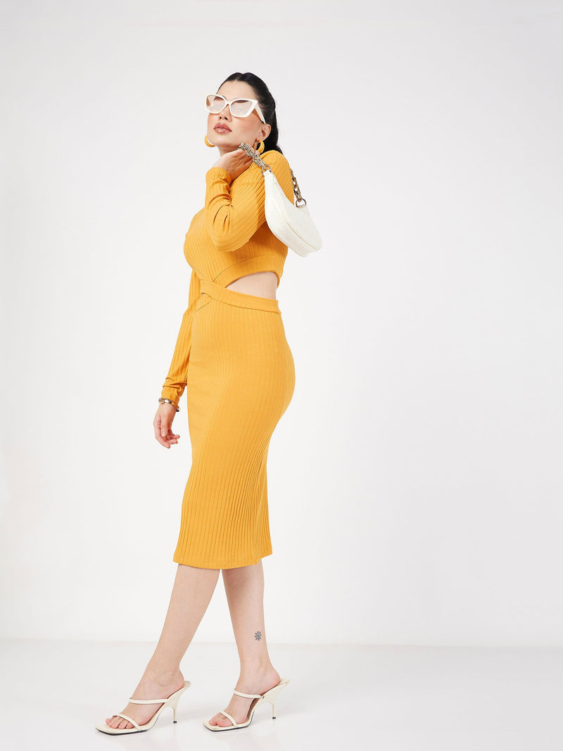 Women Yellow Rib Side Cut-Out Midi Dress