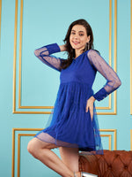 Women Royal Blue Embellished Mesh Skater Dress