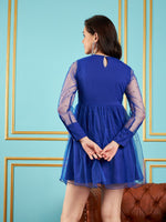 Women Royal Blue Embellished Mesh Skater Dress