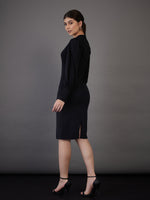 Women Black Puff Sleeves Bodycon Midi Dress
