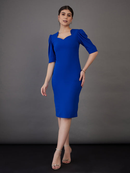 Women Royal Blue Sweetheart Neck Bodycon Midi Dress