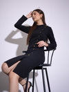 Women Black Front Button Bodycon Midi Dress