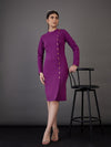 Women Purple Front Button Bodycon Midi Dress