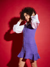 Women Purple Tweed Front Button Frill Hem Dress