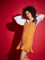 Women Orange Tweed Front Button Frill Hem Dress
