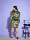 Women Olive Velvet Puff Sleeves Bodycon Dress