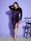 Women Purple Velvet Front Slit Midi Dress