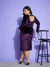 Women Purple Velvet Front Slit Midi Dress
