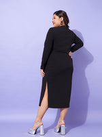 Women Black Glitter Side Slit Belted Midi Dress