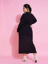Women Black Rib Side Slit Bodycon Midi Dress