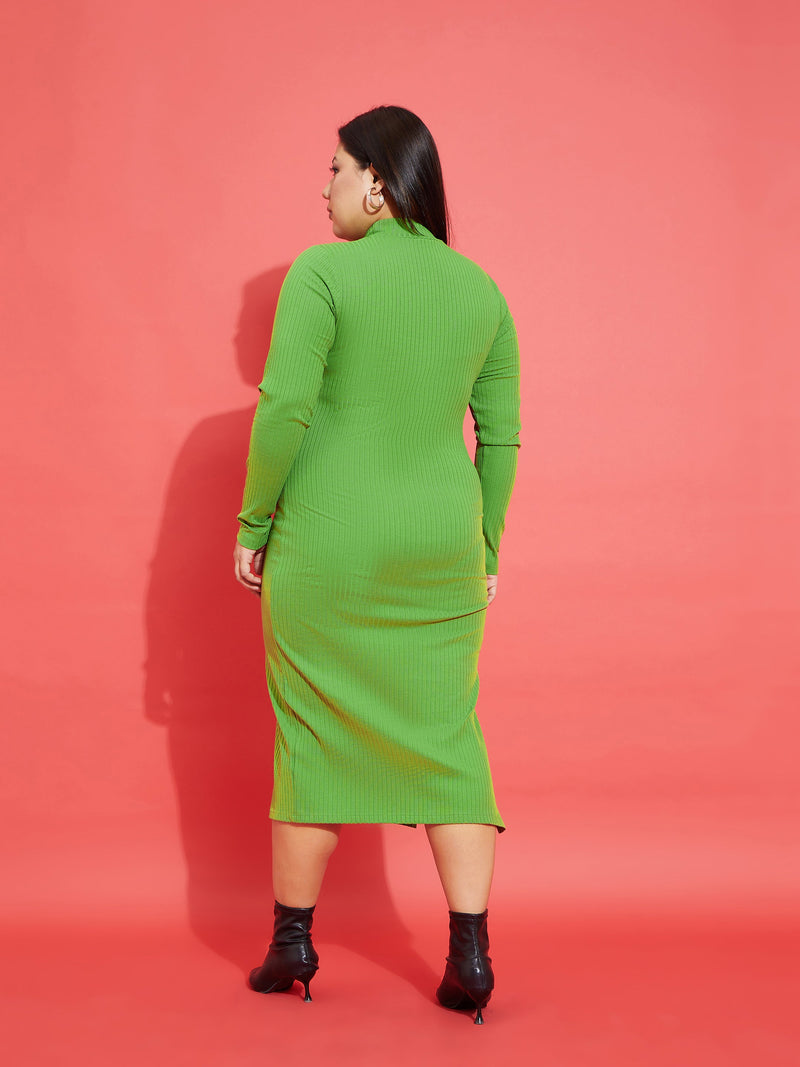 Women Green Rib Side Slit Bodycon Midi Dress