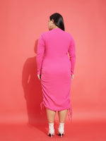 Women Pink Rib Side Ruching Bodycon Dress