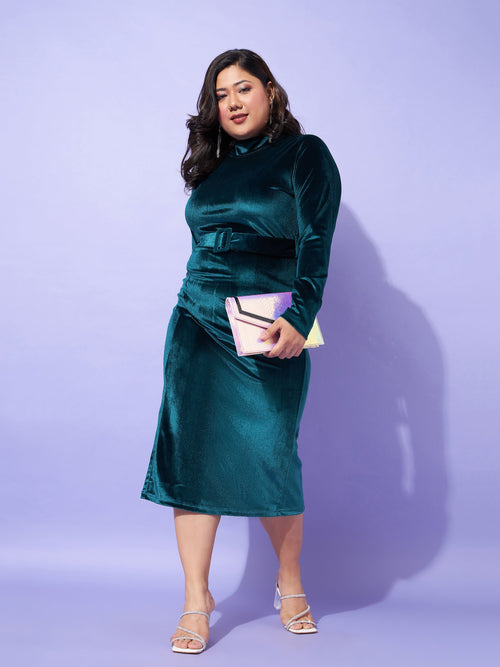 Women Emerald Velvet Front Slit Bodycon Dress