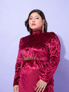 Women Red Velvet High Neck Bodycon Dress