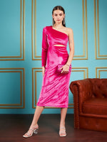 Women Fuchsia Velvet Waist Cut-Out One Shoulder Midi Dress