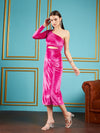 Women Fuchsia Velvet Waist Cut-Out One Shoulder Midi Dress