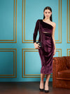 Women Burgundy Velvet Waist Cut-Out One Shoulder Midi Dress