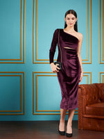 Women Burgundy Velvet Waist Cut-Out One Shoulder Midi Dress