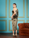 Women Olive Velvet Waist Cut-Out One Shoulder Midi Dress