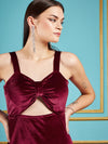 Women Maroon Velvet Waist Cut Out Bodycon Midi Dress