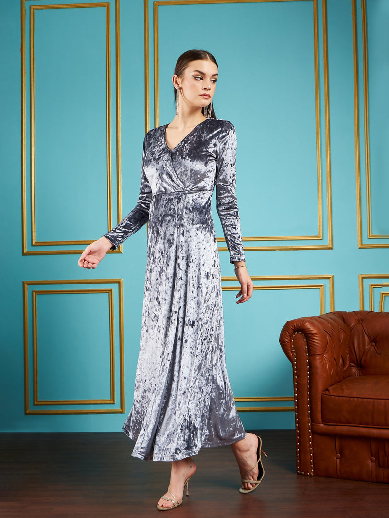 Women Grey Velvet Front Slit Maxi Dress