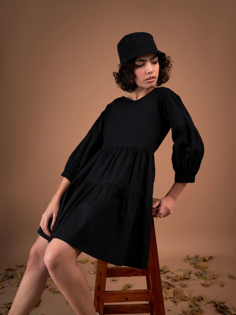 Women Black Poplin Drop Shoulder Tiered Mini Dress
