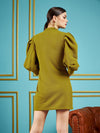 Women Olive Gliiter Puff Sleeves Blazer Dress