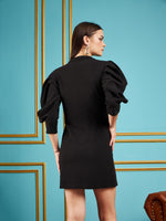 Women Black Gliiter Puff Sleeves Blazer Dress
