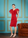 Women Red Frill Neck Bodycon Midi Dress